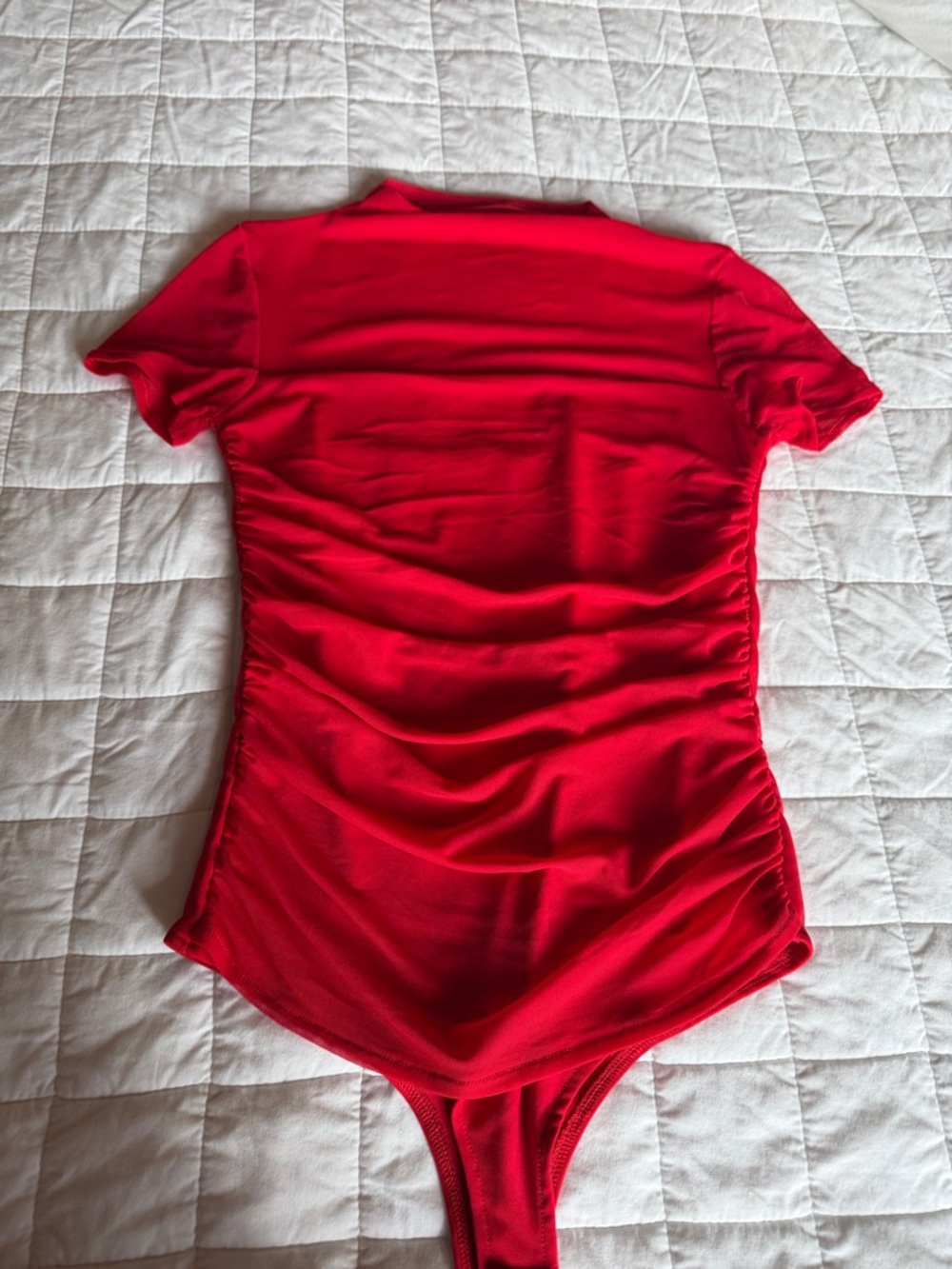 Red Short-Sleeve Ruched Bodysuit - Women's Top